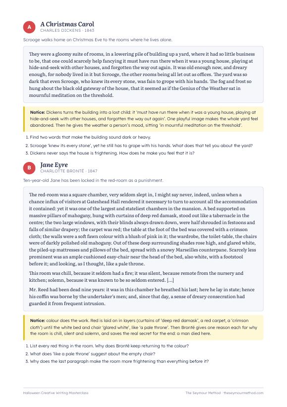 A page from the writing guide with extracts from A Christmas Carol and Jane Eyre