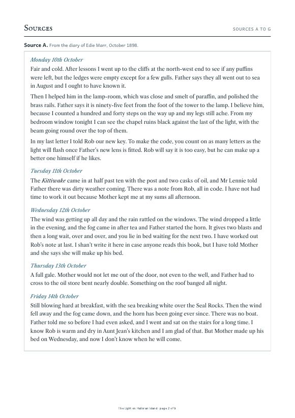 A page of sources from Paper 1: a lighthouse keeper's daughter's diary, 1898